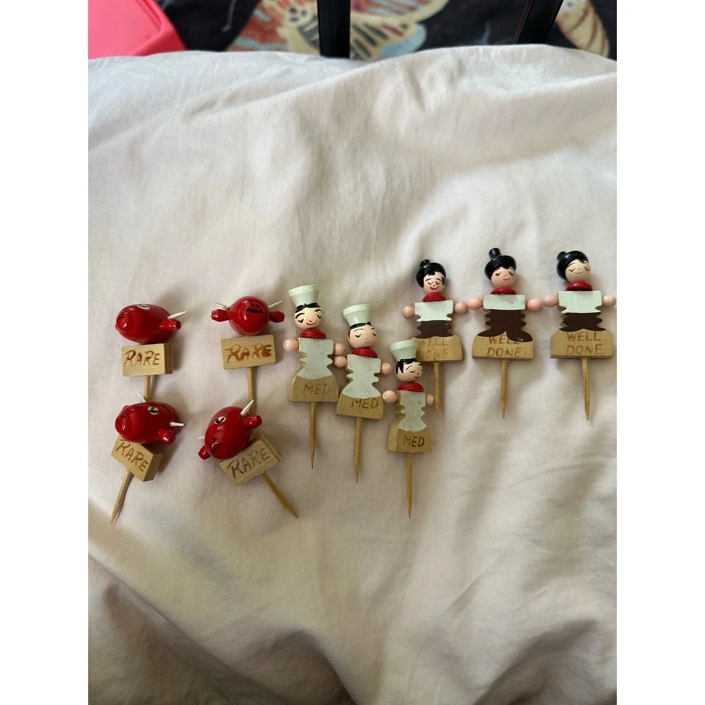 Vintage Wooden Meat Markers Set of 10 Rare Medium Well Done Hand Painted Figures